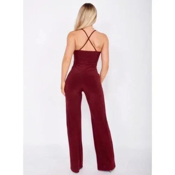Burgundy Sleeveless Open Back Wide Leg Jumpsuit Playsuit - Picture 5 of 13